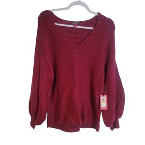 Vince Camuto NEW V Neck Balloon Sleeve Sweater Womens Small Berry Red Christmas